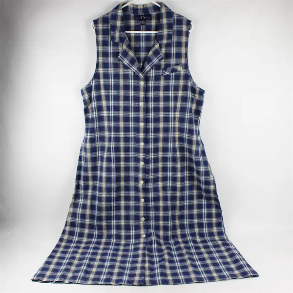 90's Original Ty Wear Women's 18 Blue Plaid Linen Blend Sleeveless A-Line Dress
