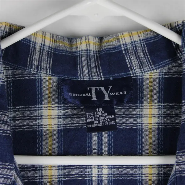 90's Original Ty Wear Women's 18 Blue Plaid Linen Blend Sleeveless A-Line Dress