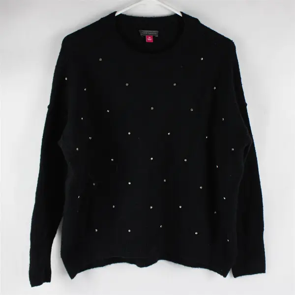 Vince Camuto Women's XS Black Rhinestone Embellished Crew Neck Knit Sweater