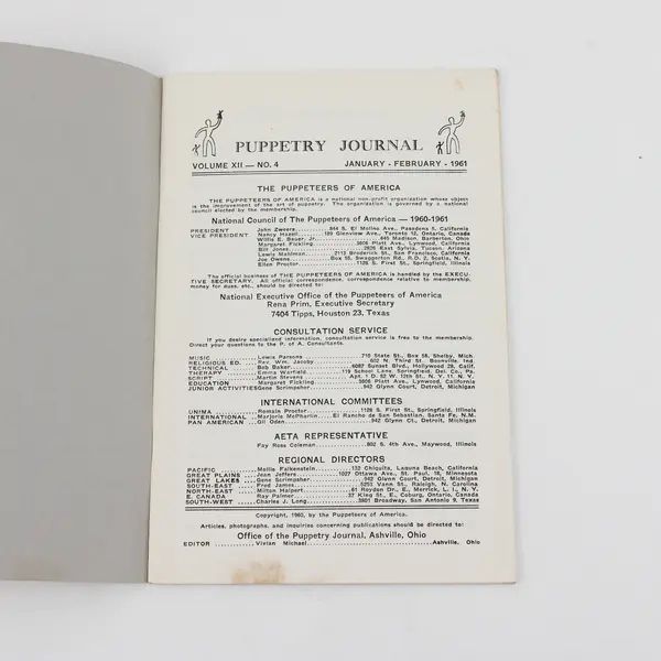 Vintage Puppetry Journal 1961 January/February Vol 12 No 4 Good Condition