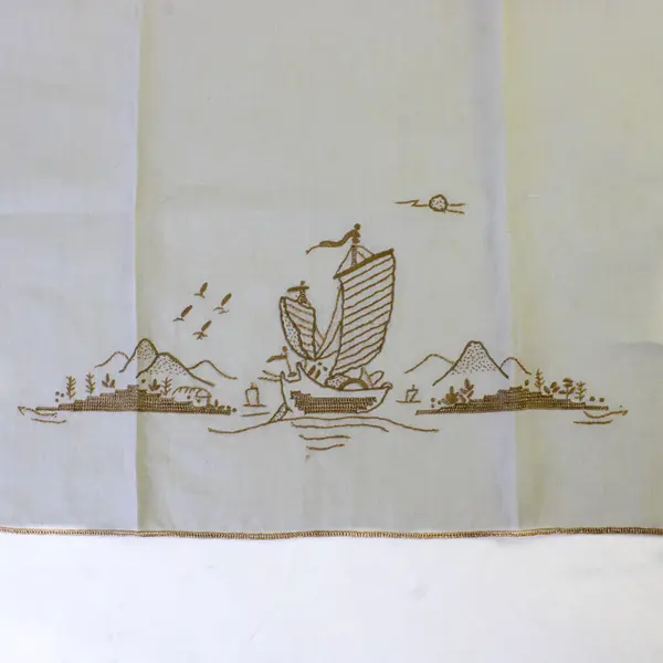 Vintage Embroidered Asian Linen Mountain Scene 24 x 17 in