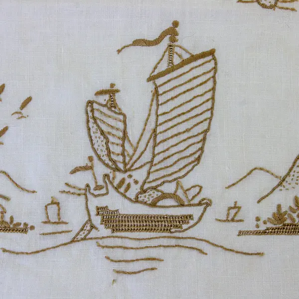 Vintage Embroidered Asian Linen Mountain Scene 24 x 17 in