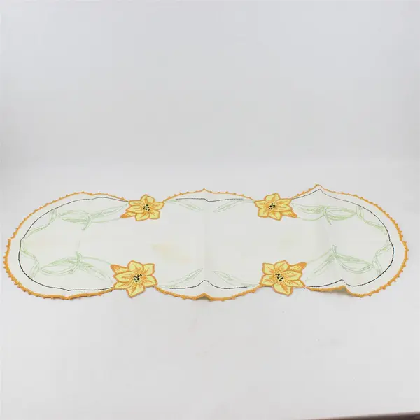 Vintage Embroidered Floral Table Runner 38x15 in -Stains