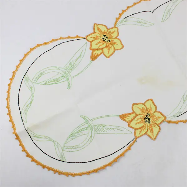 Vintage Embroidered Floral Table Runner 38x15 in -Stains