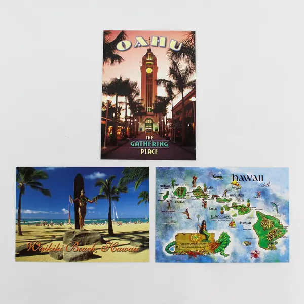 Lot Of 3 Hawaii Postcards Waikiki Beach Aloha Tower Vintage Map