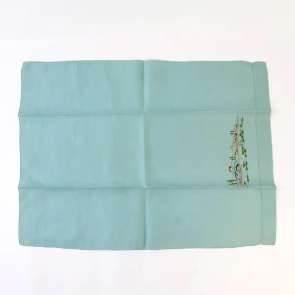 Vintage Light Blue Embroidered Tea Towel Landscape 18x19