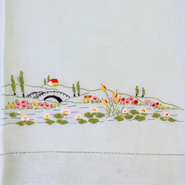 Vintage Light Blue Embroidered Tea Towel Landscape 18x19