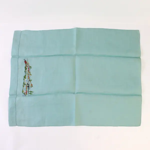 Vintage Light Blue Embroidered Tea Towel Landscape 18x19