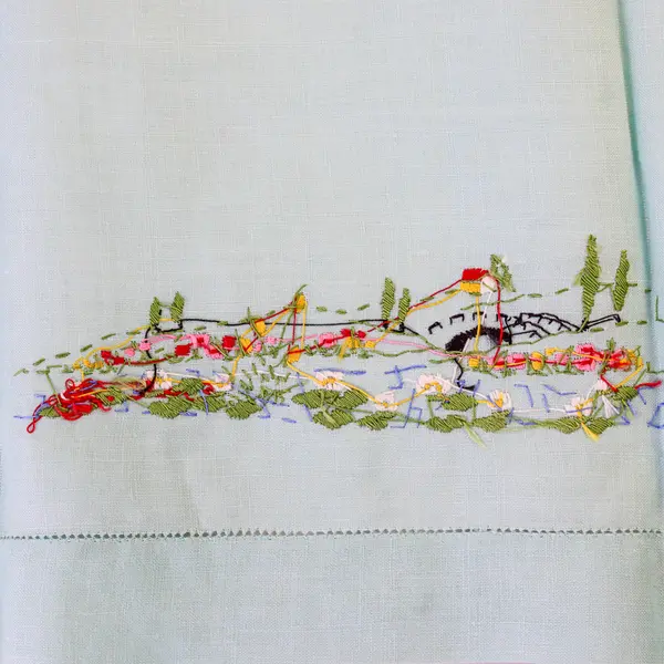Vintage Light Blue Embroidered Tea Towel Landscape 18x19
