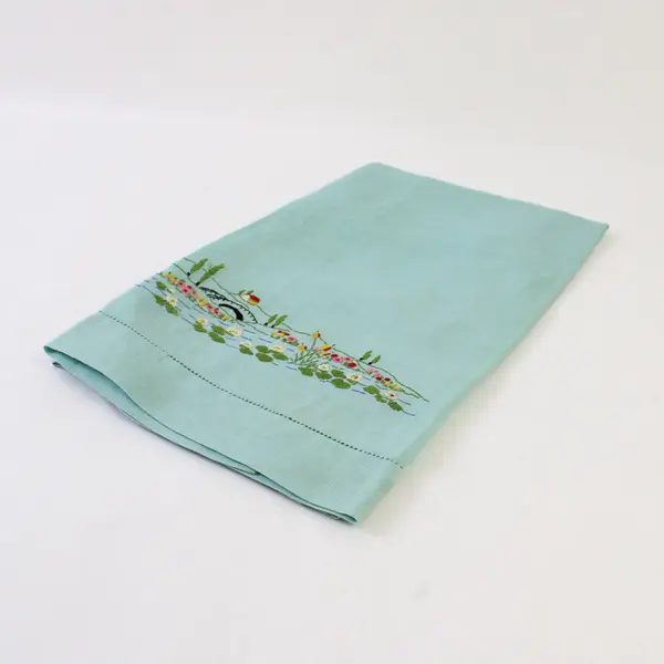 Vintage Light Blue Embroidered Tea Towel Landscape 18x19
