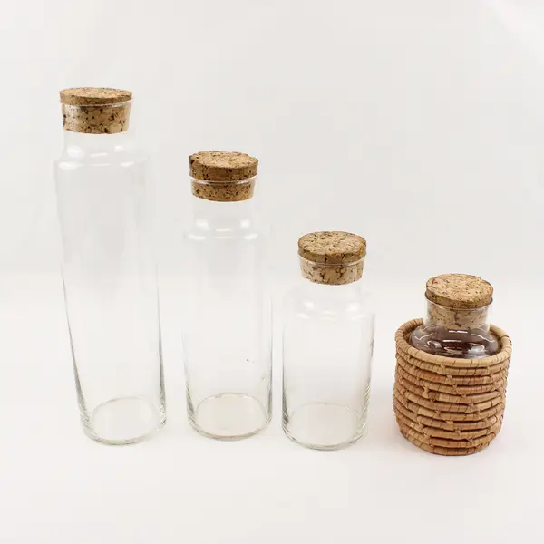 Lot Of 4 Unbranded Matching Clear Glass Decorative Bottles With Cork Tops