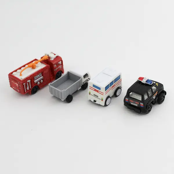Lot of 4 Plastic Toy Cars - Fire Engine, Police Car, Ambulance, Dump Truck