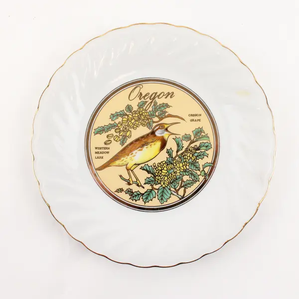 Iaac Ceramics Oregon State Flower/Bird Decorative Plate Gold Trim 7.75" Dia