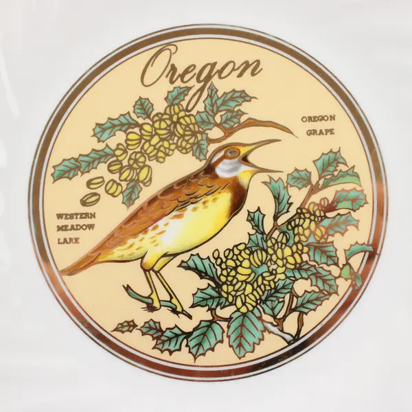 Iaac Ceramics Oregon State Flower/Bird Decorative Plate Gold Trim 7.75" Dia
