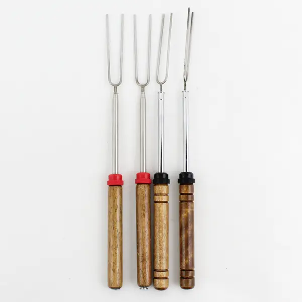 Set 4 Telescoping Roasting Forks Stainless Steel Wood Handle Camping Grilling