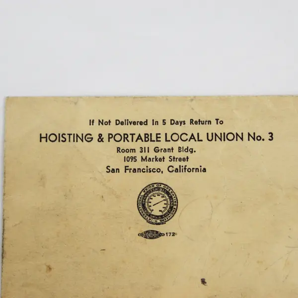 Vintage Hoisting & Portable Local Union No 3 San Francisco California Envelope 
