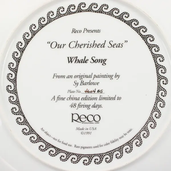 Reco "Our Cherished Seas" Whale Song By Sy Barlowe 1991 Decorative Plate 9.5"