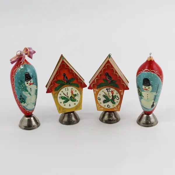 Vintage-Style Wooden Christmas Bell Ornaments Set of 4 Snowmen & Clocks
