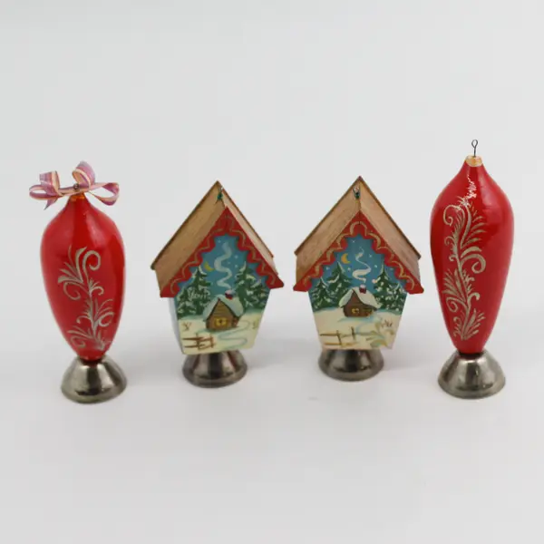 Vintage-Style Wooden Christmas Bell Ornaments Set of 4 Snowmen & Clocks