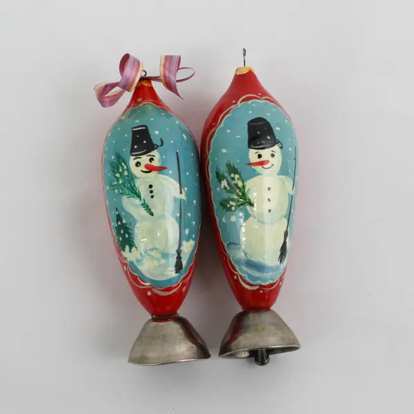 Vintage-Style Wooden Christmas Bell Ornaments Set of 4 Snowmen & Clocks