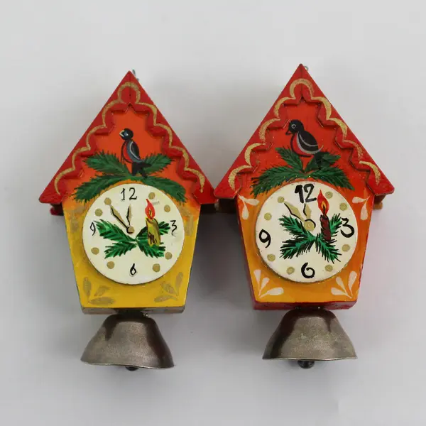 Vintage-Style Wooden Christmas Bell Ornaments Set of 4 Snowmen & Clocks