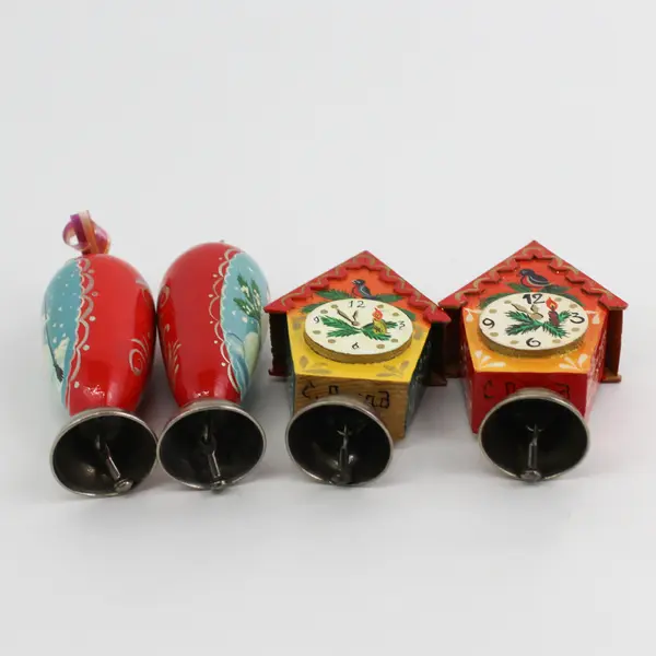 Vintage-Style Wooden Christmas Bell Ornaments Set of 4 Snowmen & Clocks