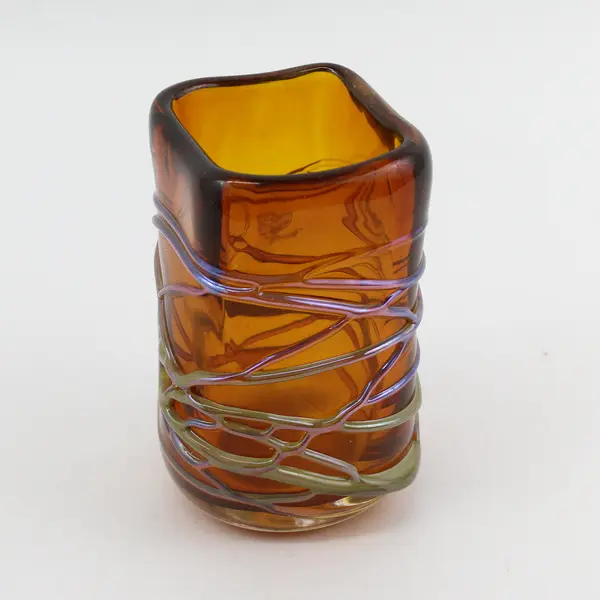 Square Hand Blown Amber Art Glass Vase 5.5"