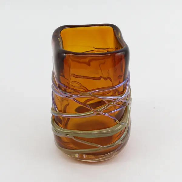 Square Hand Blown Amber Art Glass Vase 5.5"