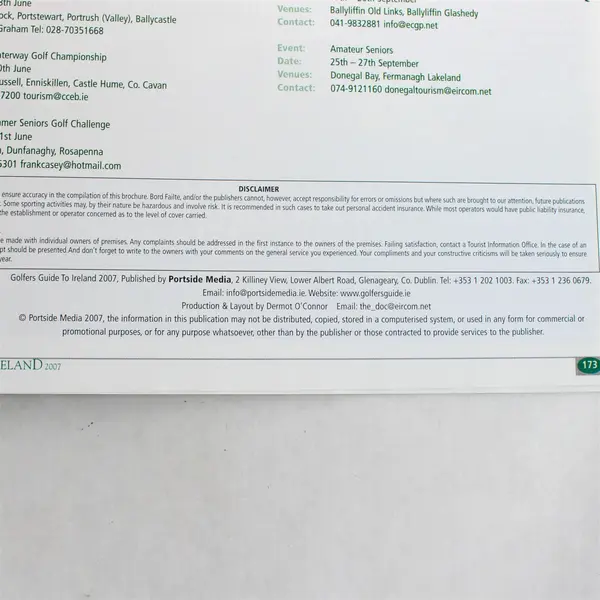 Golfers Guide to Ireland 2007 Paperback Portside Media Ireland Good Condition