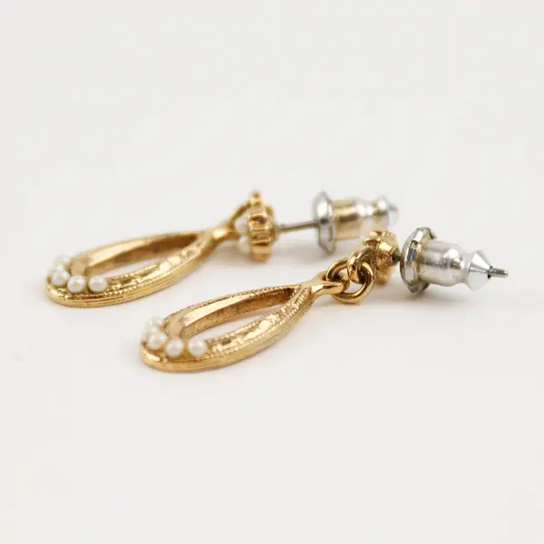 Gold-Tone Teardrop Dangle Earrings Faux Pearl Accents
