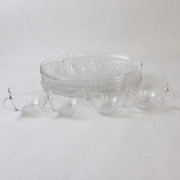 Set Of 8 Federal Glass Company Homestead Pattern Snack Set (4 Plates, 4 Cups)