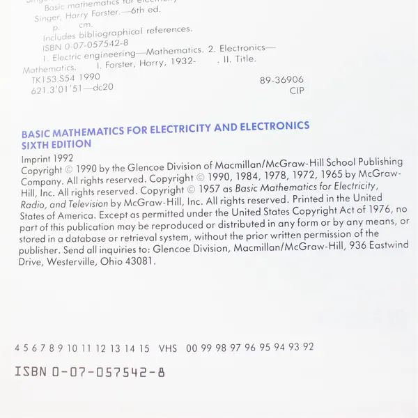 Basic Mathematics for Electricity and Electronics Singer, Forster 1992 HC 6th Ed