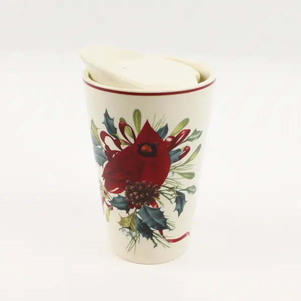 Lenox Winter Greetings Pattern Ceramic Travel Mug & Matching Lid 6" Tall
