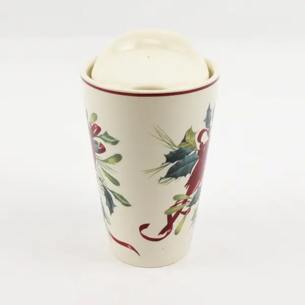 Lenox Winter Greetings Pattern Ceramic Travel Mug & Matching Lid 6" Tall