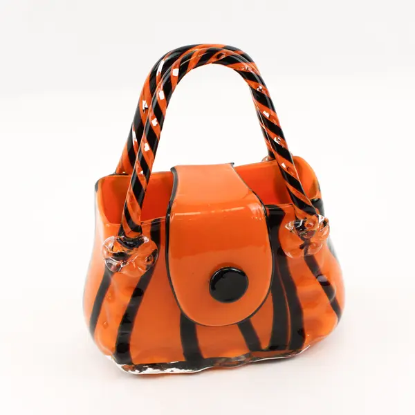Unbranded/Unmarked Orange/Black Art Glass Purse Vase Home Decor 9" Tall