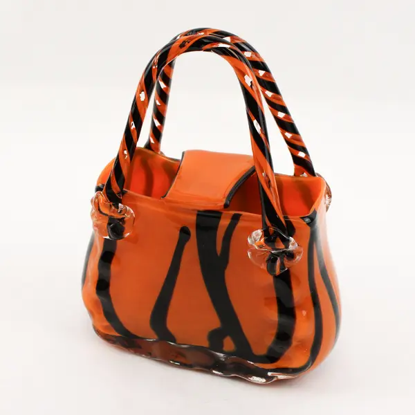 Unbranded/Unmarked Orange/Black Art Glass Purse Vase Home Decor 9" Tall