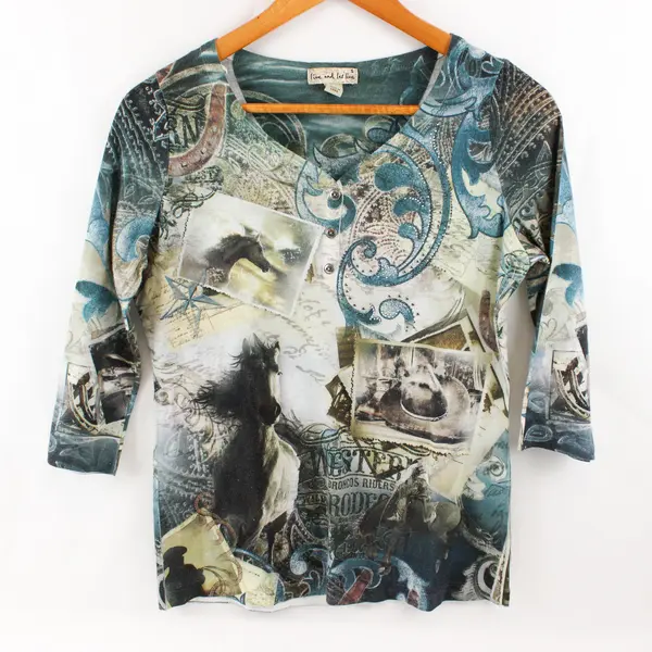 Live And Let Live Bedazzled Half-Sleeve Horse Western Print Shirt Women's Small