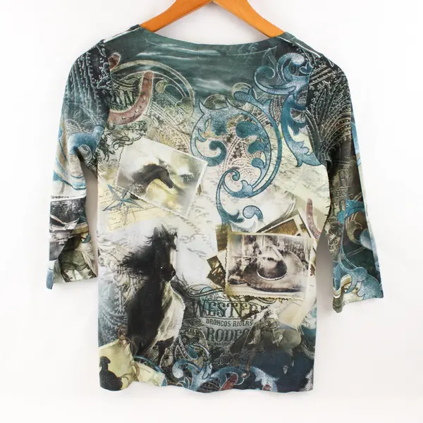 Live And Let Live Bedazzled Half-Sleeve Horse Western Print Shirt Women's Small