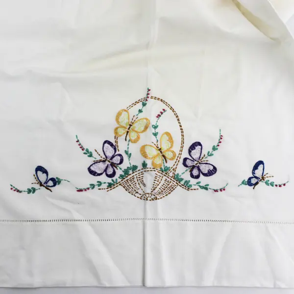 Vintage Embroidered White Standard Pillowcase Butterfly Floral