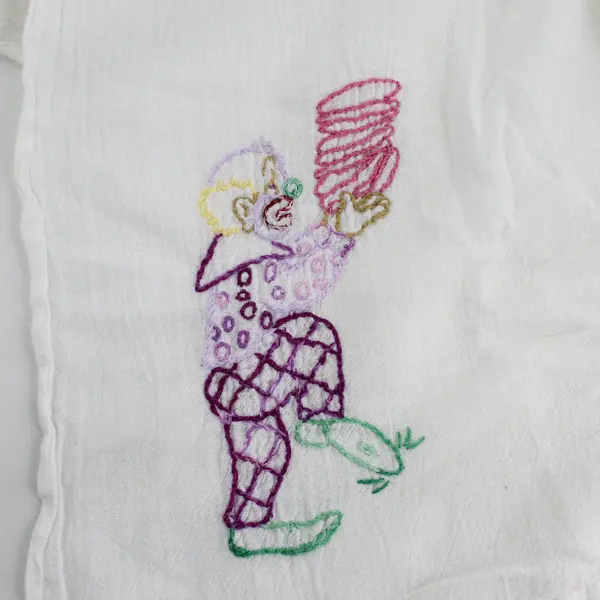 Vintage White Embroidered Clown Dish Towel 28x23.5 Kitchen Linen