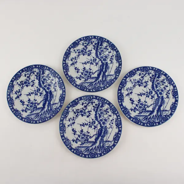 Lot Of 4 Unbranded White/Blue Ceramic Cherry Blossom Floral Salad Plates 6.5"