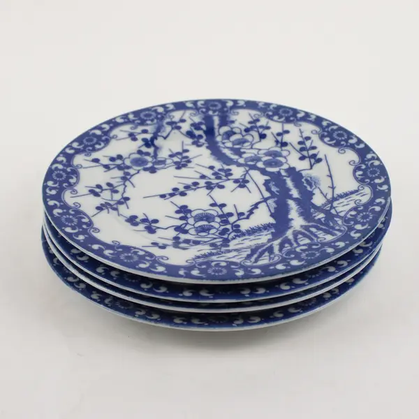 Lot Of 4 Unbranded White/Blue Ceramic Cherry Blossom Floral Salad Plates 6.5"