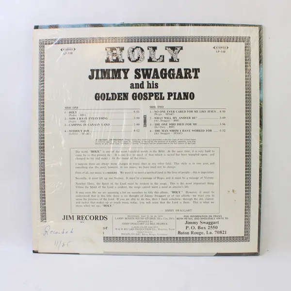 Jimmy Swaggart Holy 12" Vinyl Record