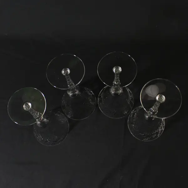 Set of 4 Crystal Paneled Water Goblets Diamond Band & Long Stemmed Flowers 8.5"