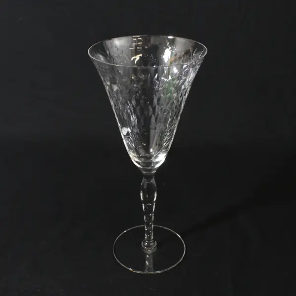 Set of 4 Crystal Paneled Water Goblets Diamond Band & Long Stemmed Flowers 8.5"