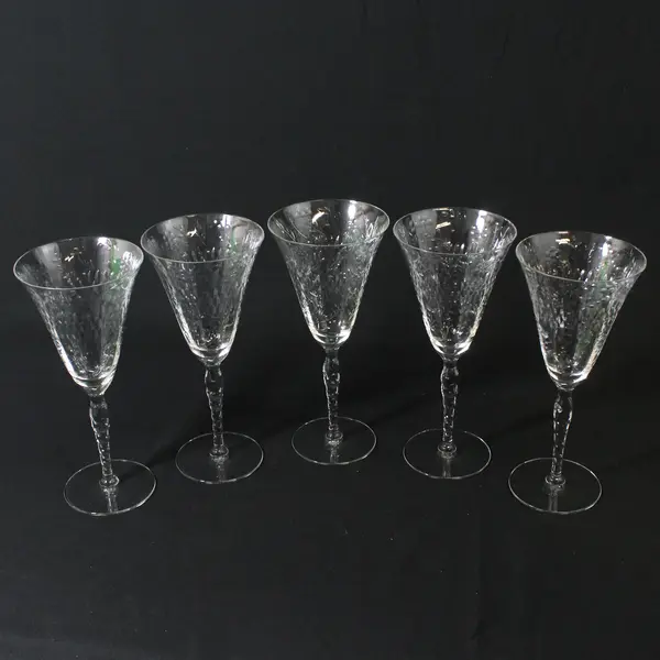 Set of 5 Crystal Paneled Water Goblets Diamond Band & Long Stemmed Flowers 8.5"