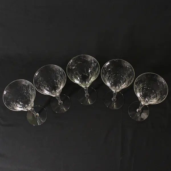 Set of 5 Crystal Paneled Water Goblets Diamond Band & Long Stemmed Flowers 8.5"