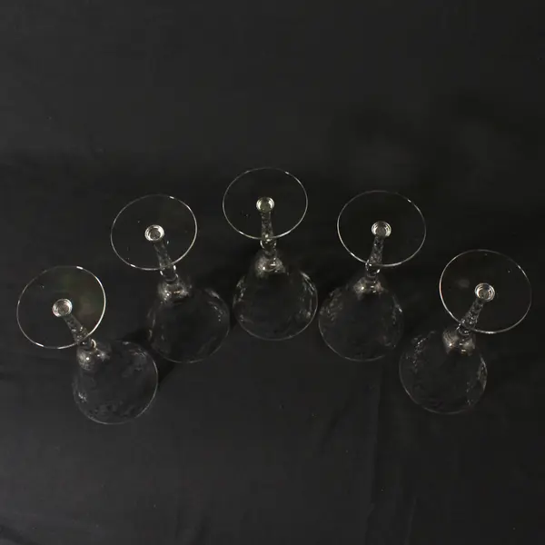 Set of 5 Crystal Paneled Water Goblets Diamond Band & Long Stemmed Flowers 8.5"