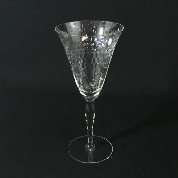 Set of 5 Crystal Paneled Water Goblets Diamond Band & Long Stemmed Flowers 8.5"