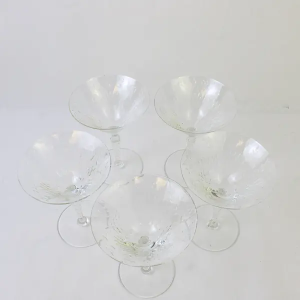 5 Crystal Paneled Wine Glasses Diamond Band and Long Stemmed Flowers  5.75"